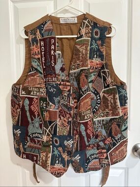 Vintage Multicolor Tapestry Travel Global Landmarks Patchwork Vest - Size 2X